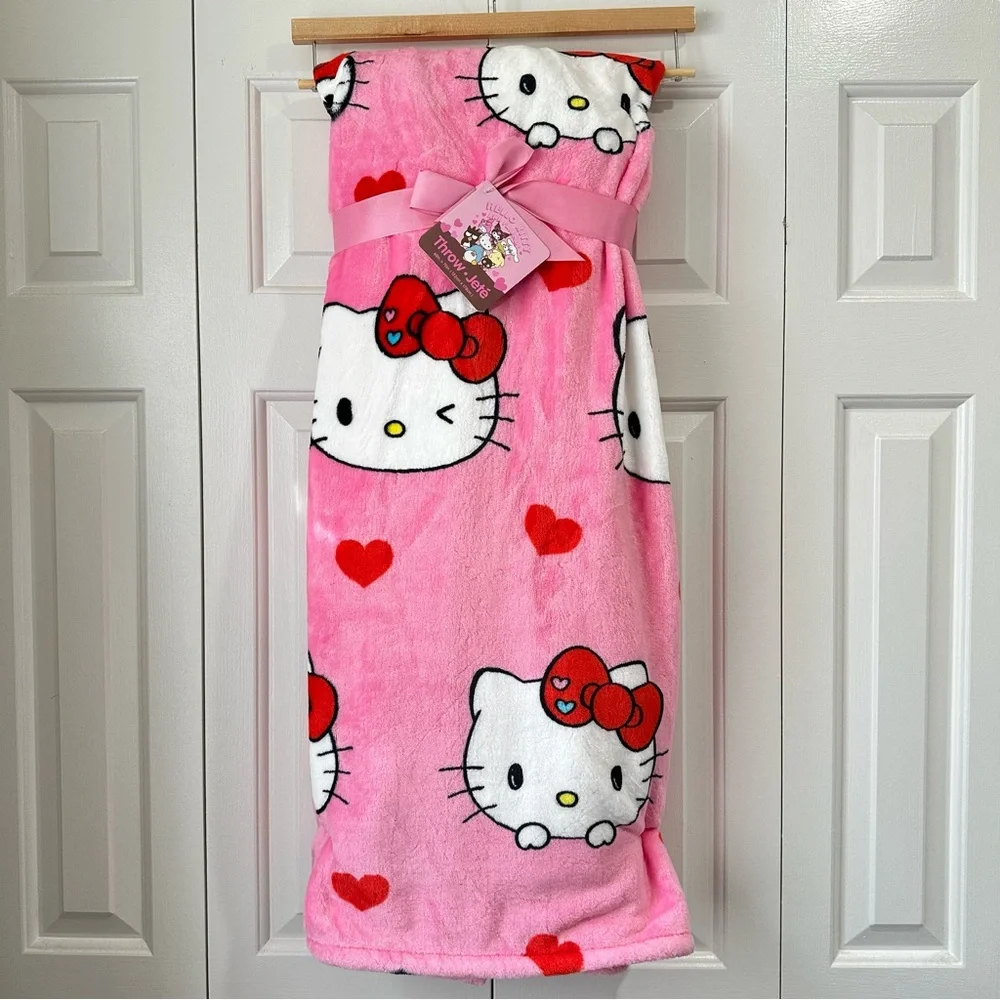 Hello Kitty Pink Plush Throw Blanket 60 x 70 inches with hearts